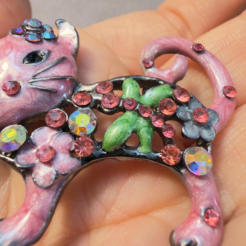 Cat Brooch Pink Enamel Glitter Openwork Statement Pin – 2.75” Tall - Picture 4 of 9